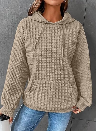Womens Hoodies Casual Long Sleeve Drawstring Waffle Pullover Tops Loose Hooded Sweatshirt with Pocket