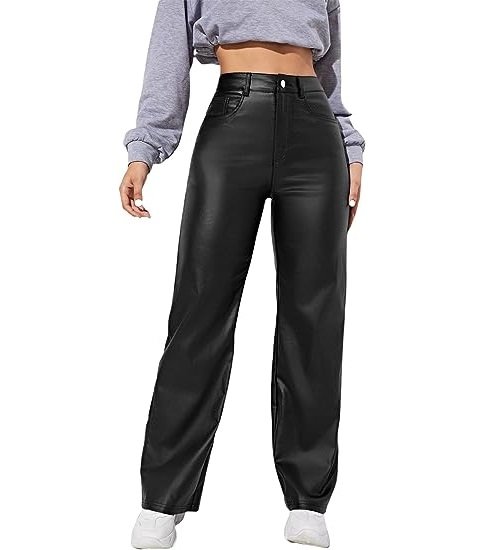 Women's High Waist Pockets Straight Leg Jeans Leather Look Pants
