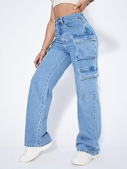 Women's High Waist Cargo Jeans Flap Pocket Straight Leg Denim Pants