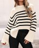 Women's Fall Winter Casual Oversized Long Sleeve Striped Sweater Crew Neck Ribbed Knit Side Slit Pullover