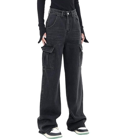 Women's High Waist Cargo Jeans Straight Leg Wide Leg Stretch Loose Casual Denim Trousers