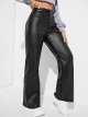 Women's High Waist Pockets Straight Leg Jeans Leather Look Pants