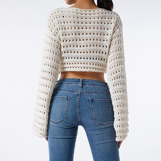 Women's Openwork Crochet Knit Cropped Tops Long Sleeve Autumn Sweater Tops