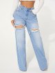Women's Cut Out Ripped High Waist Wide Leg Jeans Loose Denim Pants