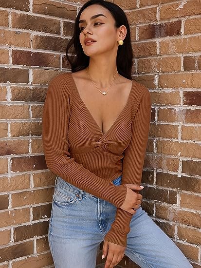 Women's Fall Clothes Sexy Twist Knot Top Ribbed Knit Long Sleeve Pullover Sweater Tops